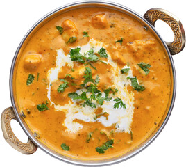 indian butter chicken curry in balti dish top down view and isolated with cream - 570468817