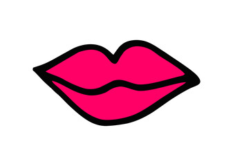 CARTOON MOUTH WITH PINK PAINTED LIPS AND BLACK OUTLINE, HAND-ILLUSTRATED, PNG
