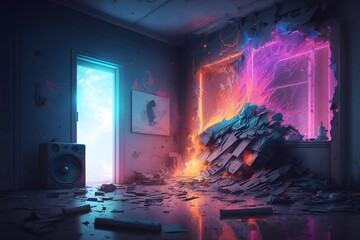 house destruction neon lighting  created using AI Generative Technology