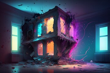 house destruction neon lighting  created using AI Generative Technology