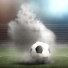 煙の中でスタジアムの芝生に横たわるサッカーボール, 3D Illustration