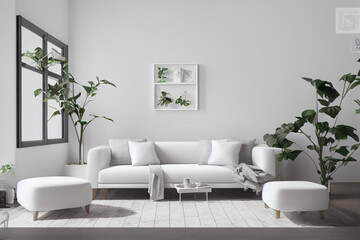 White Chic Spring Mid Century Modern Residential Living Room Interior with Spring Home Decor Made with Generative AI