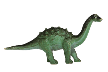 A worn plastic Diplodocus dinosaur toy isolated on a white background.