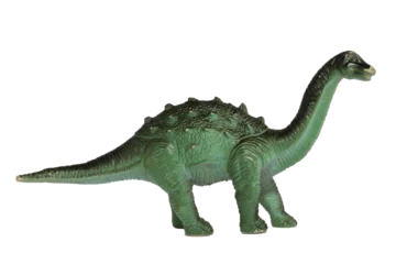 Keuken spatwand met foto A worn plastic Diplodocus dinosaur toy isolated on a white background. © Andres Serna