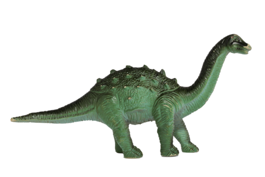 A worn plastic Diplodocus dinosaur toy isolated on a white background.