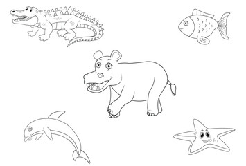Ocean animals thin line art coloring set isolated on a white background