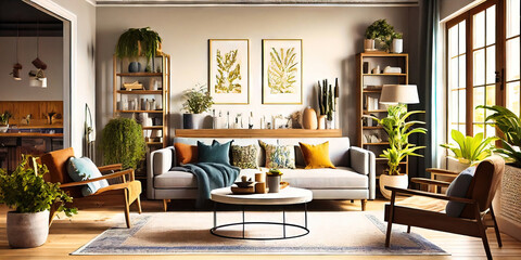 Modern living room design with natural touches and lighting. Comfortable furniture with functional use. Living space in the den with generative AI