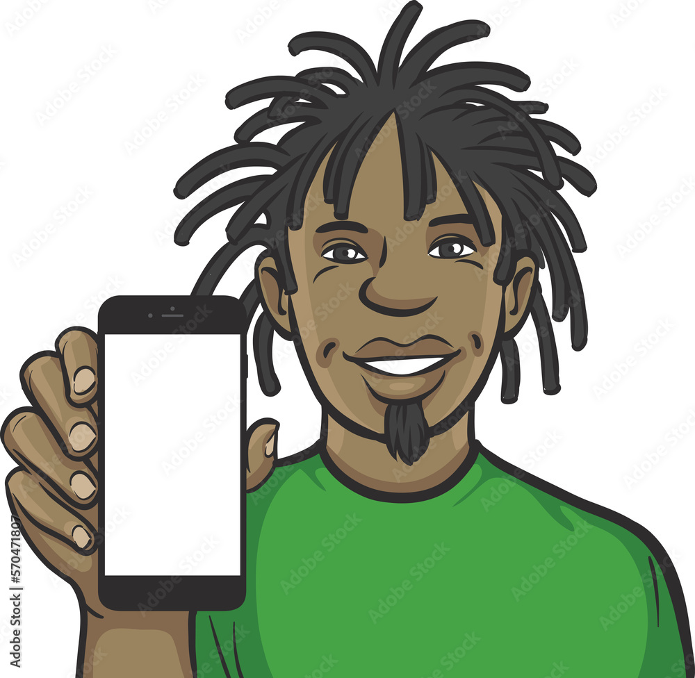 Poster jamaican man showing a mobile app on a smart phone - png image with transparent background