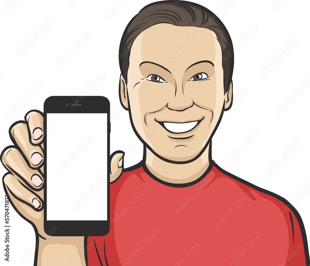 Poster korean man showing a mobile app on a smart phone - png image with transparent background