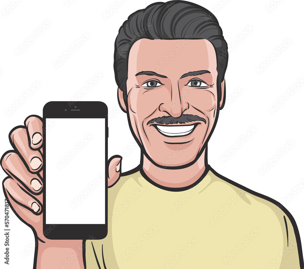 Poster latino man showing a mobile app on a smart phone - png image with transparent background