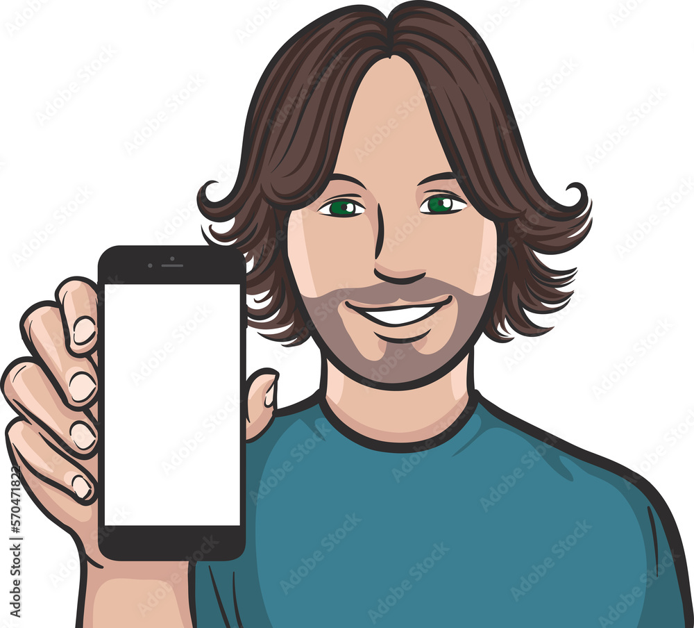 Poster long haired guy showing a mobile app on a smart phone - png image with transparent background