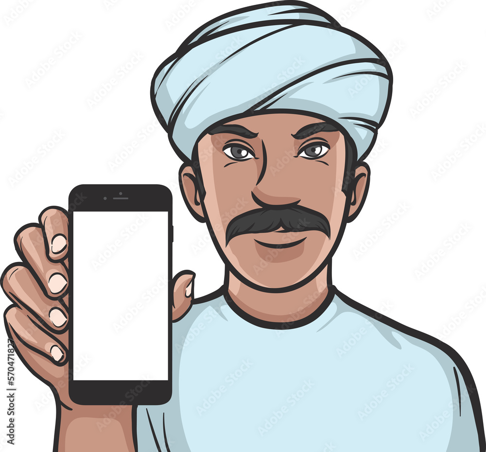Aufkleber man in turban showing a mobile app on a smart phone - png image with transparent background