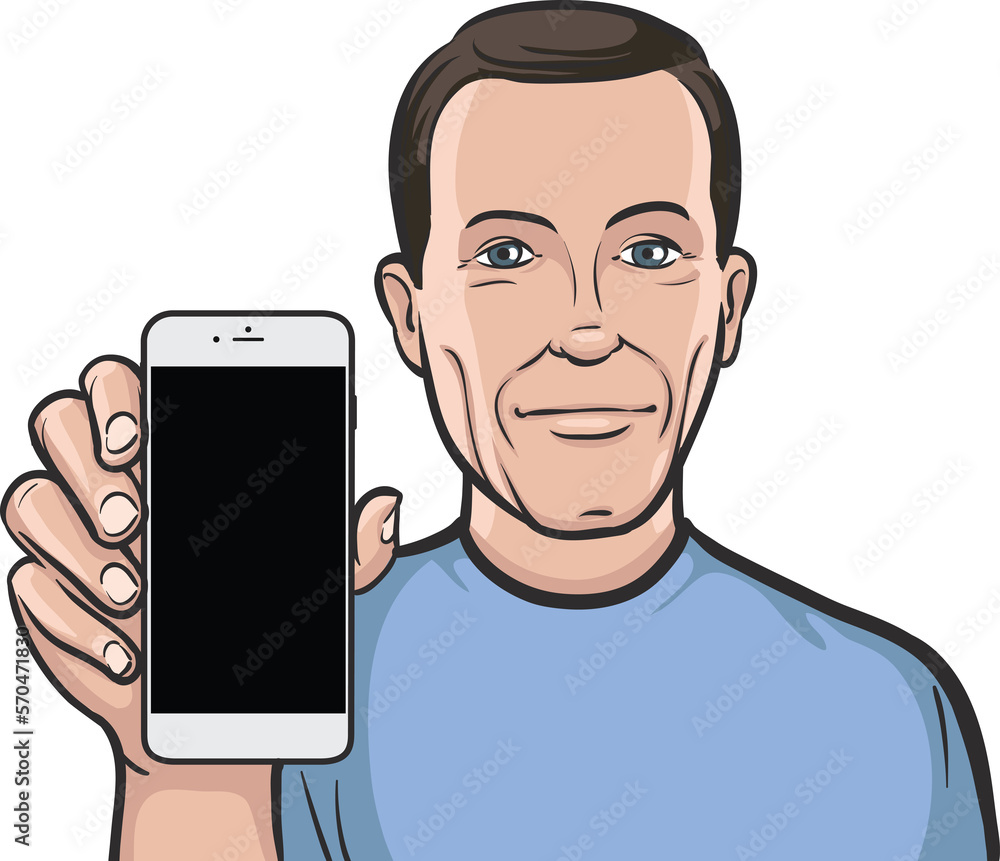 Poster man showing a mobile app on a smart phone - png image with transparent background
