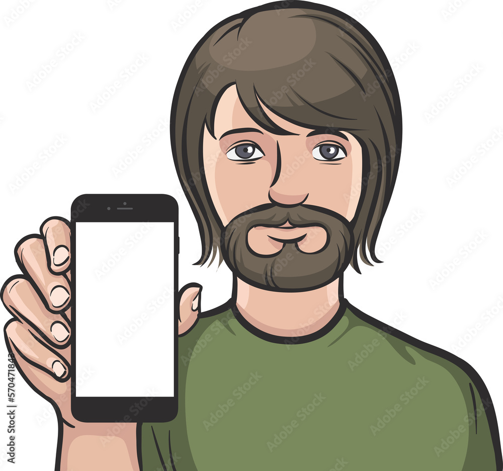 Aufkleber man with beard showing a mobile app on a smart phone - png image with transparent background