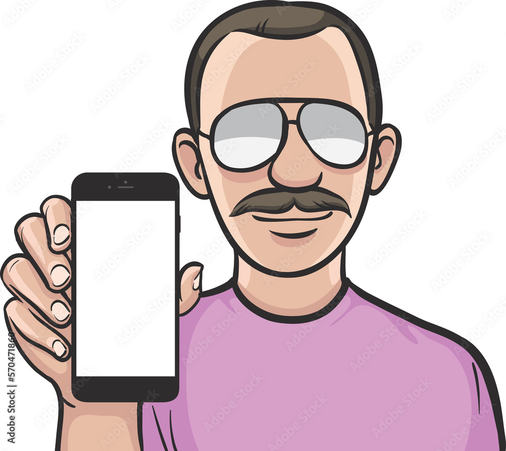 Aufkleber mustache man showing a mobile app on a smart phone - png image with transparent background