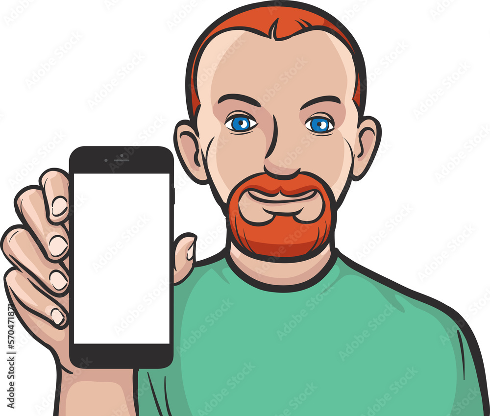 Aufkleber red haired man showing a mobile app on a smart phone - png image with transparent background