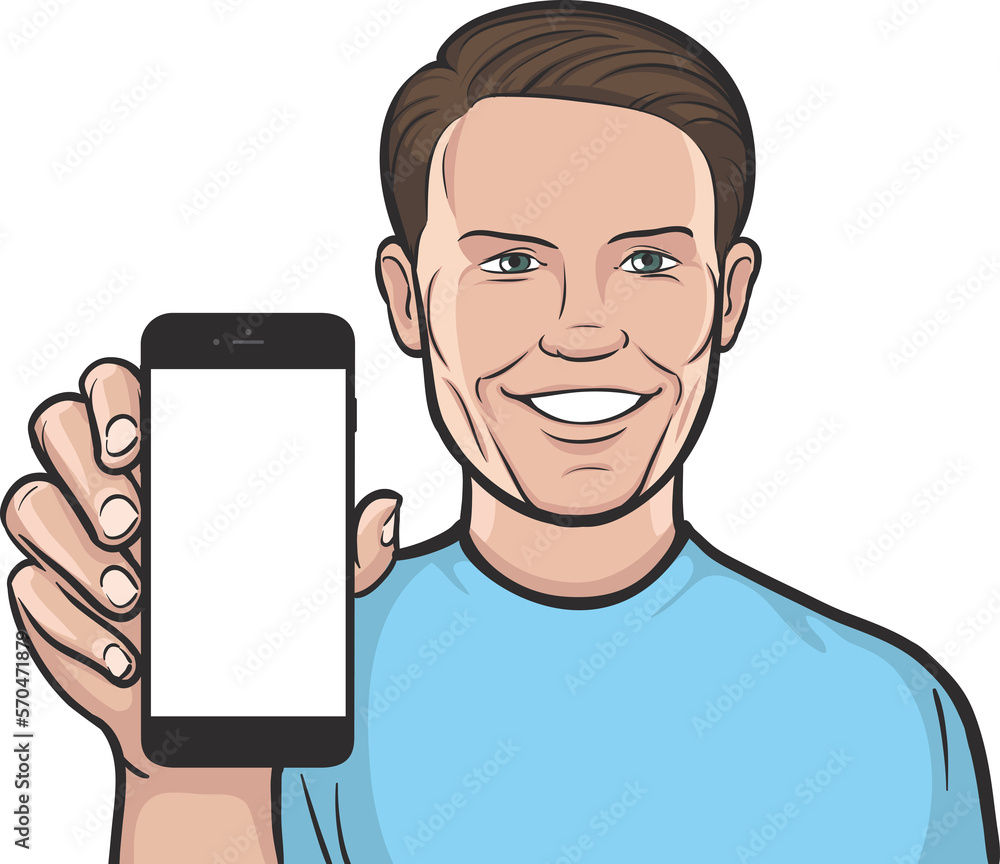 Poster retro man showing a mobile app on a smart phone - png image with transparent background
