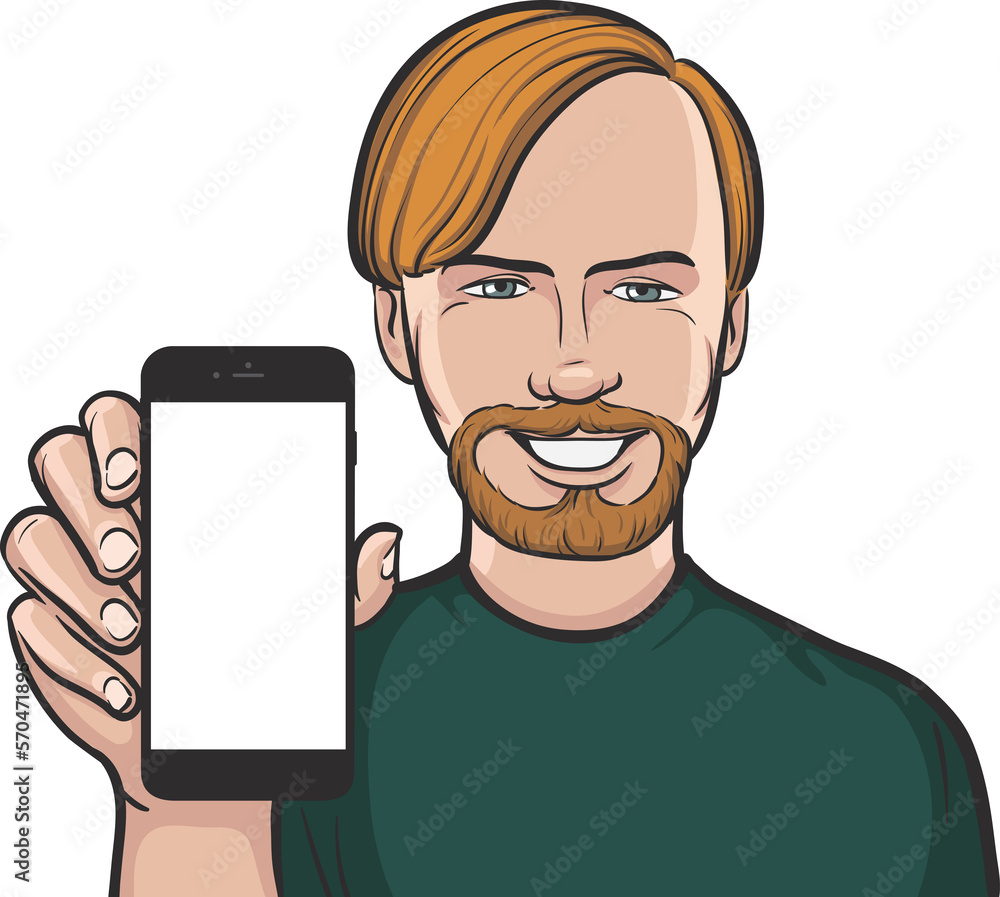Poster scandinavian man showing a mobile app on a smart phone - png image with transparent background