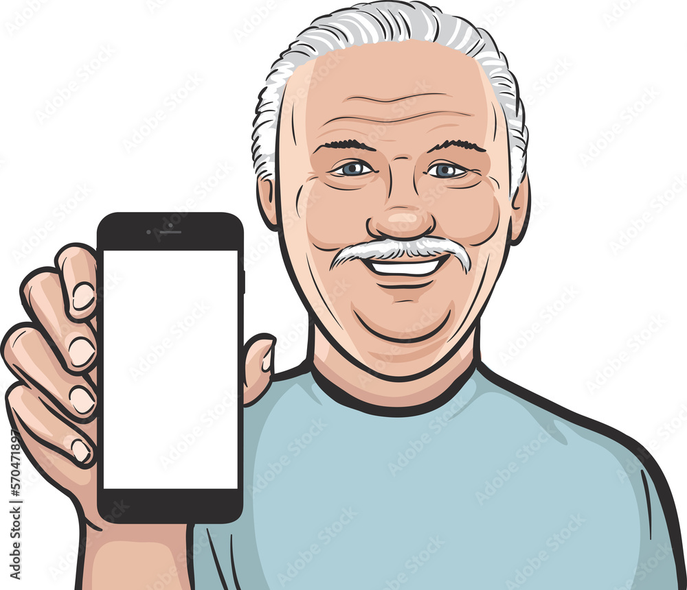 Poster senior man showing a mobile app on a smart phone - png image with transparent background