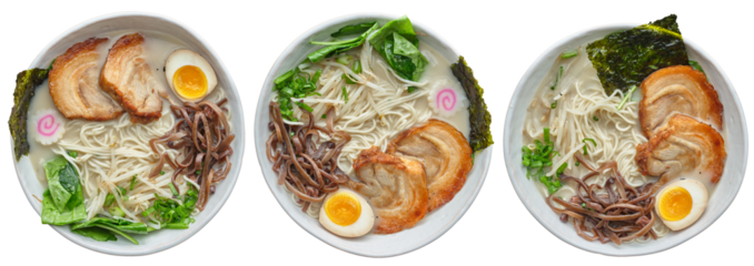 Japanse tonkotsu raman in 3 variations shot from top view and isolated