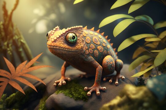 3d rendering of chameleon character in jungle made with Generative AI