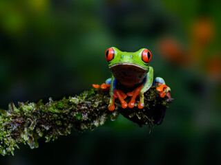 Red-eyed tree frog bright vivid colors at night in tropical rainforest treefrog in jungle Costa Rica  