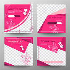 International Women's Day. Instagram 8 March posts collection. Editable post template set for banner sale, invitation, stories, streaming.Screen backdrop for mobile app.Social media story mockup. Pink