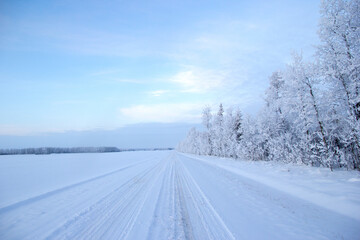 Fototapeta na wymiar Country road between the field and the forest in snow in winter.