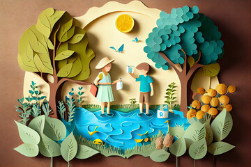 concept of eco and wolrd water day with children in the garden .paper art and craft style