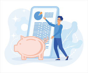 Financial illustration. Characters investing money in stock market and saving money. People analyzing financial graphs, charts, diagrams and other data. Stock trading concept. flat vector modern