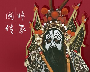 Chinese style, national tide, national quintessence, Peking Opera, Sichuan Opera, Huangmei Opera, opera characters, facial makeup, hand-painted illustrations