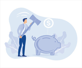 Various Finance Icons. People Calculating Long Bill or Invoice Online, Breaking Piggy Bank to Open, Studying Finance with Tutor. Savings and Managing Finance Concept.flat vector modern illustration 