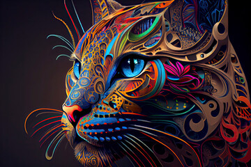 colorful cat pop art portrai, a colorful fish with black background