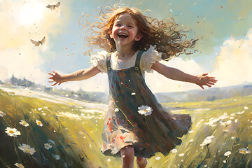 Bliss and beauty, a small girl child, white shirt and dark dress, running in a green field, dancing, the definition of pure happiness and innocence as a small kid