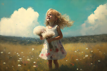 Bliss and beauty, a small child or kid, blonde little girl, enjoying life in nature, holding white flowers and color all around, the definition of pure happiness and innocence, green summer field