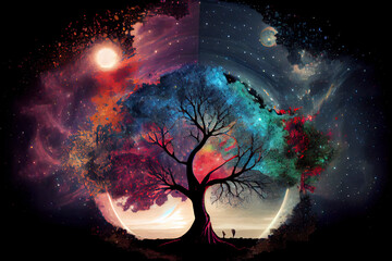 Key visual of colorful tree of life in front of a galaxy