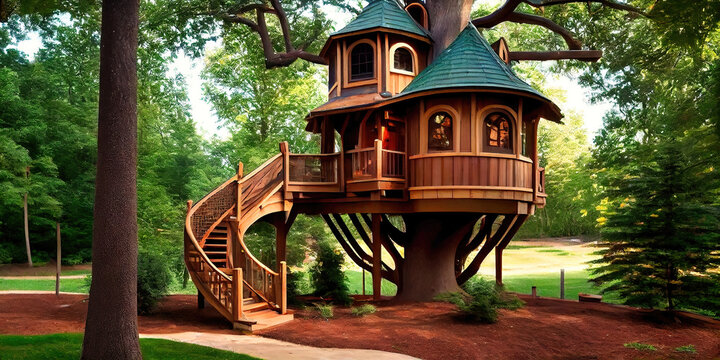 Whimsical wooden treehouse - an adventurous designer treehouse with architecture imagined by generative AI