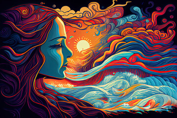 psychic waves experimentation, psychedelia, and bold mental, emotional, and spiritual Journey illustration
