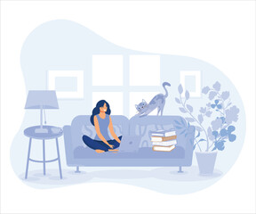 Home office concept, woman working from home sitting on a sofa, student or freelancer.flat vector modern illustration