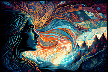psychic waves experimentation, psychedelia, and bold mental, emotional, and spiritual Journey illustration