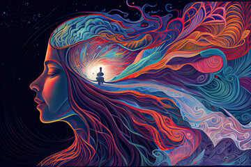 psychic waves experimentation, psychedelia, and bold mental, emotional, and spiritual Journey illustration