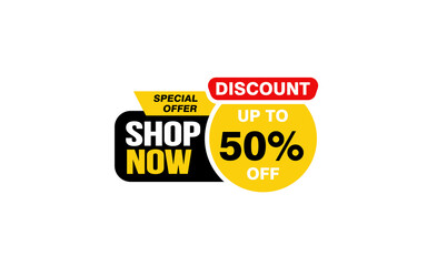 50 Percent SHOP NOW offer, clearance, promotion banner layout with sticker style. 