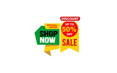 50 Percent SHOP NOW offer, clearance, promotion banner layout with sticker style. 