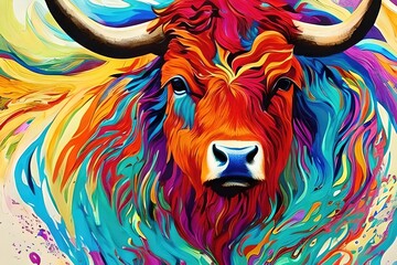 Ox, Cow, the head of an ox in a multi-colored flame. Abstract multicolored profile portrait of an ox head on a colorful background. Art & Design