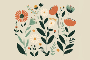 seamless floral pattern. set of flowers. flowers and leaves. florals decoration. Florals interior decoration. florals home deco. floral illustration card design. generative ai