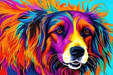 Dog, the head of a dog in a multi-colored flame. Abstract multicolored profile portrait of a lion head on a colorful background. Oil splash & Oil stained, front portrait of a dog