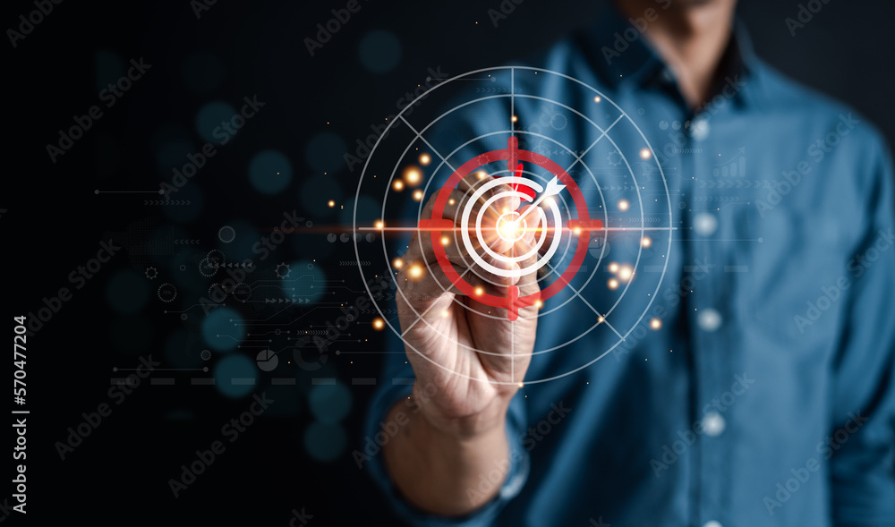 Aufkleber businessman throwing red arrow dart to business target strategy dartboard for business investment pl
