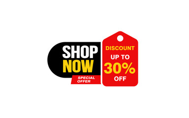 30 Percent SHOP NOW offer, clearance, promotion banner layout with sticker style. 