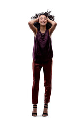Model poses elegantly, beautiful, young with exotic look, long l