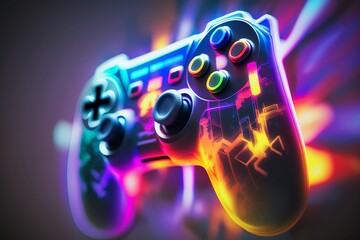 neon video game controller blurred background, generative AI, gamepad, joystick, controller, console, buttons - obrazy, fototapety, plakaty
